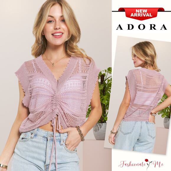 ADORA Front Drawstring Detail V-Neck Drop Shoulder Crochet Pattern Top | Pink - Picture 1 of 5